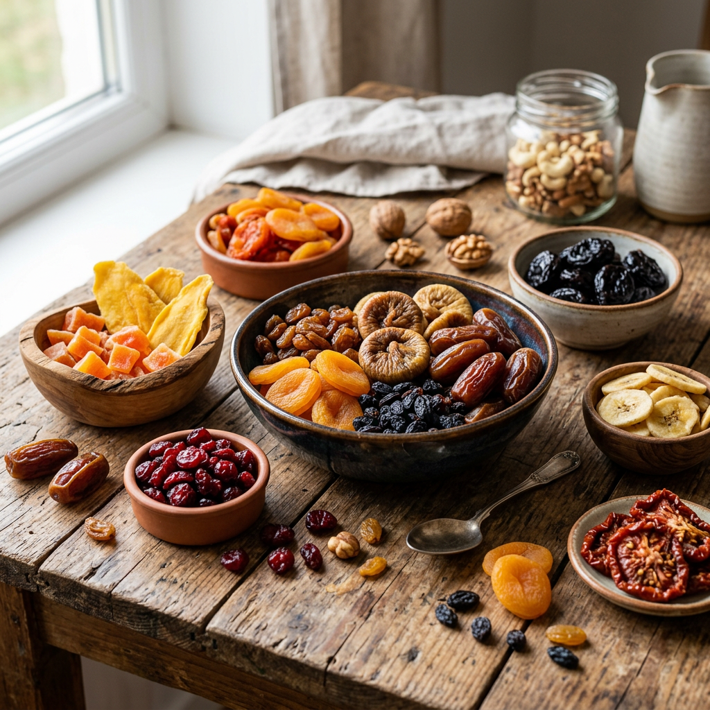 Assorted dried fruits such as apricots, figs, dates, prunes, banana chips, and nuts in bowls on a wooden table